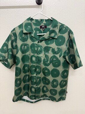 Stussy Green Painted Dot Button Up Camp Collar Shirt Size M